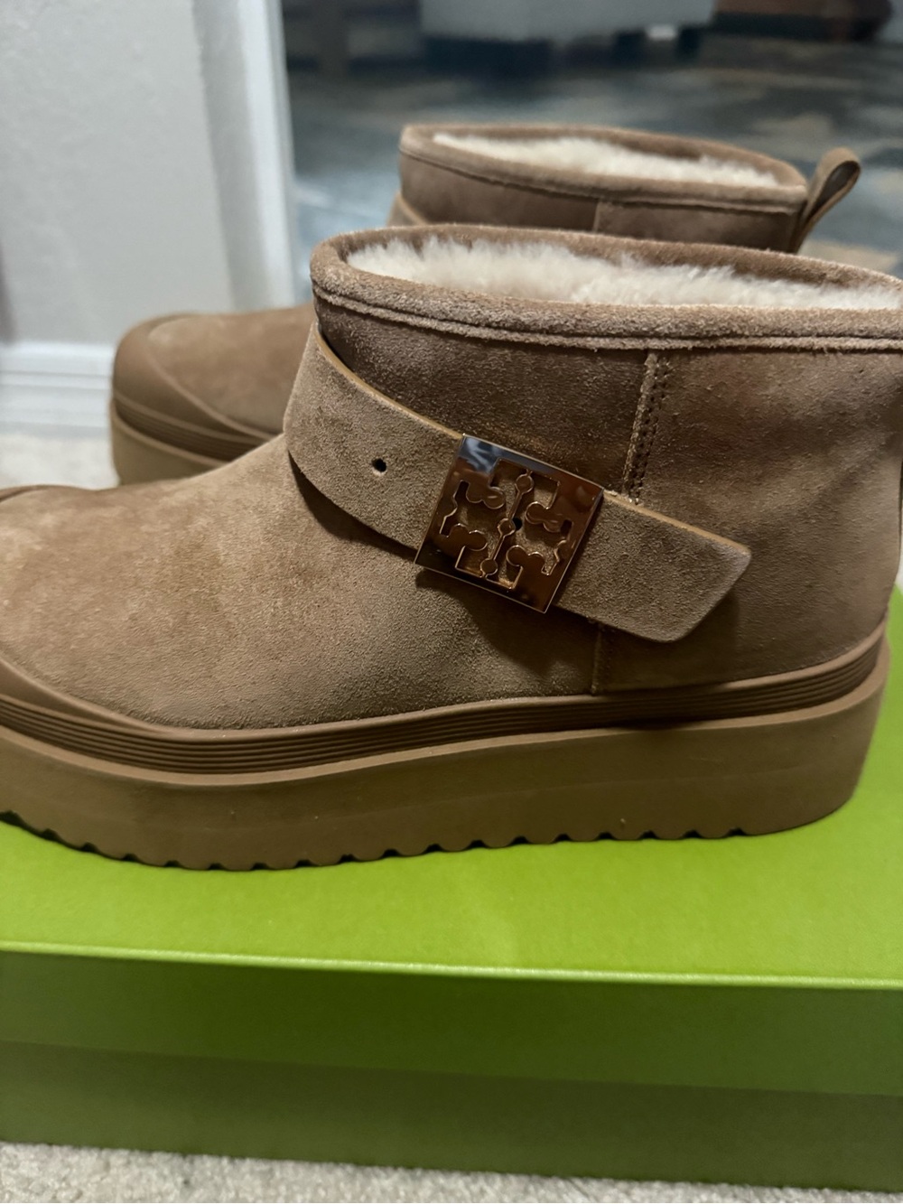 Tory Burch Chestnut Suede Shearling-Lined Platform Ankle Boots